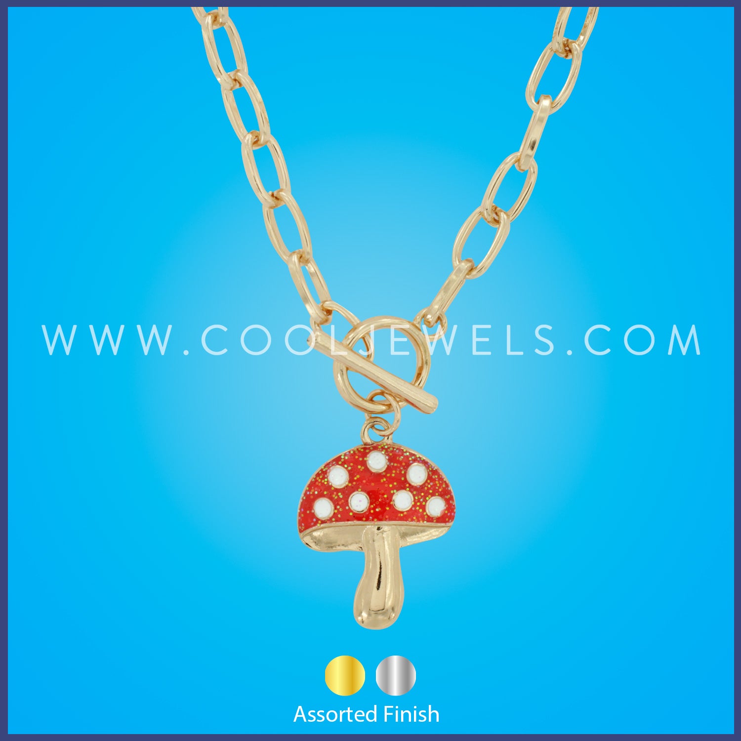 LINK CHAIN NECKLACE WITH T-BAR & MUSHROOM PENDANT - ASSORTED