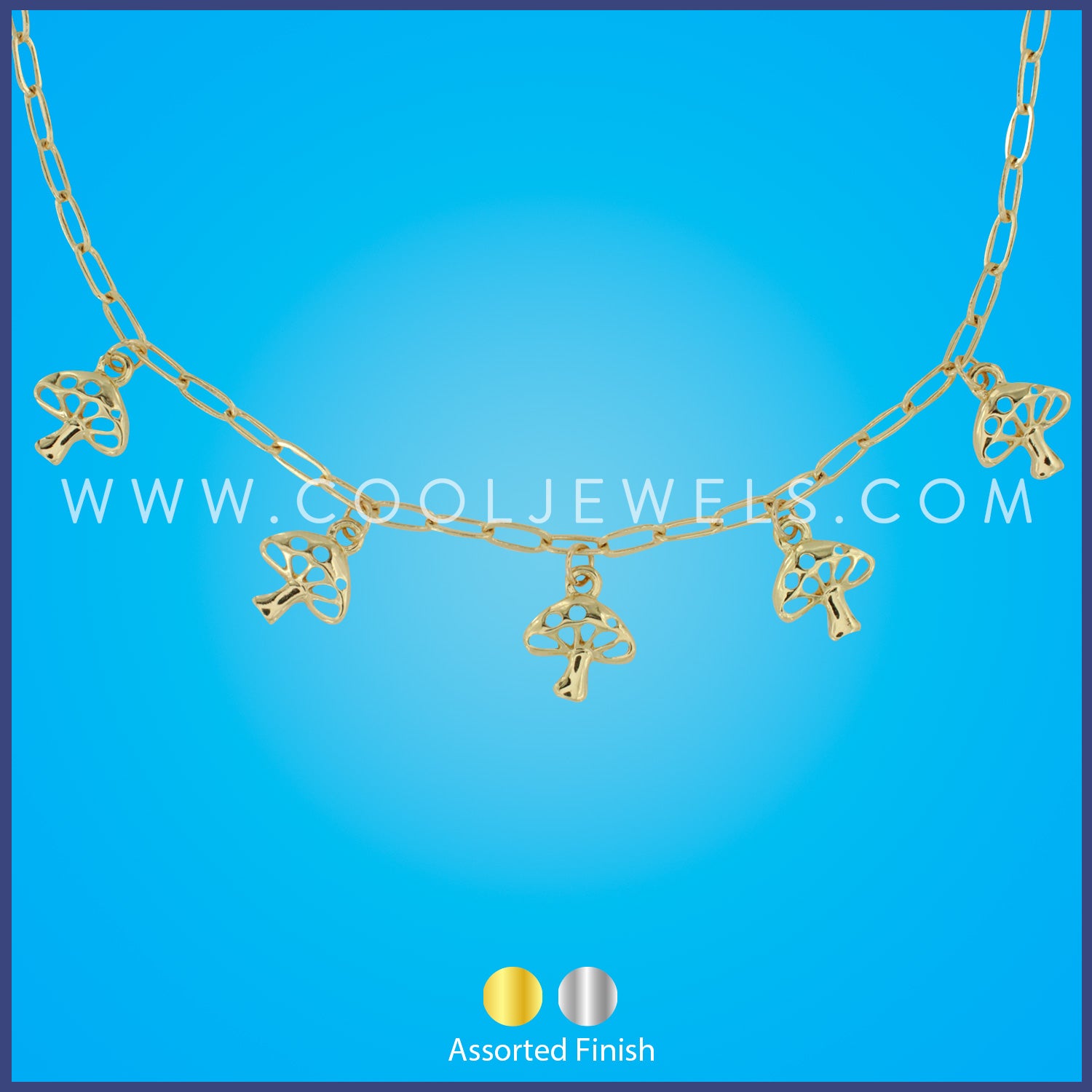 LINK CHAIN NECKLACE WITH 5 MUSHROOM PENDANTS - ASSORTED