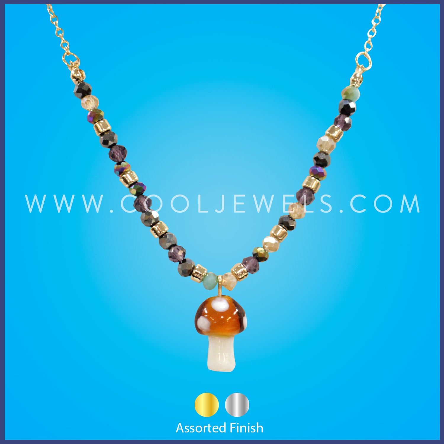CHAIN NECKLACE WITH COLORED BEADS & BROWN & WHITE MUSHROOM PENDANT - ASSORTED