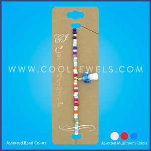 ELASTIC STRETCH BRACELET WITH MULTICOLOR BEADS & MUSHROOM PENDANT ASSORTED - CARDED