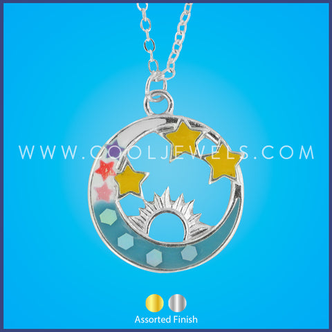 LINK CHAIN NECKLACE WITH ROUND SUN, MOON, STAR PENDANT - ASSORTED