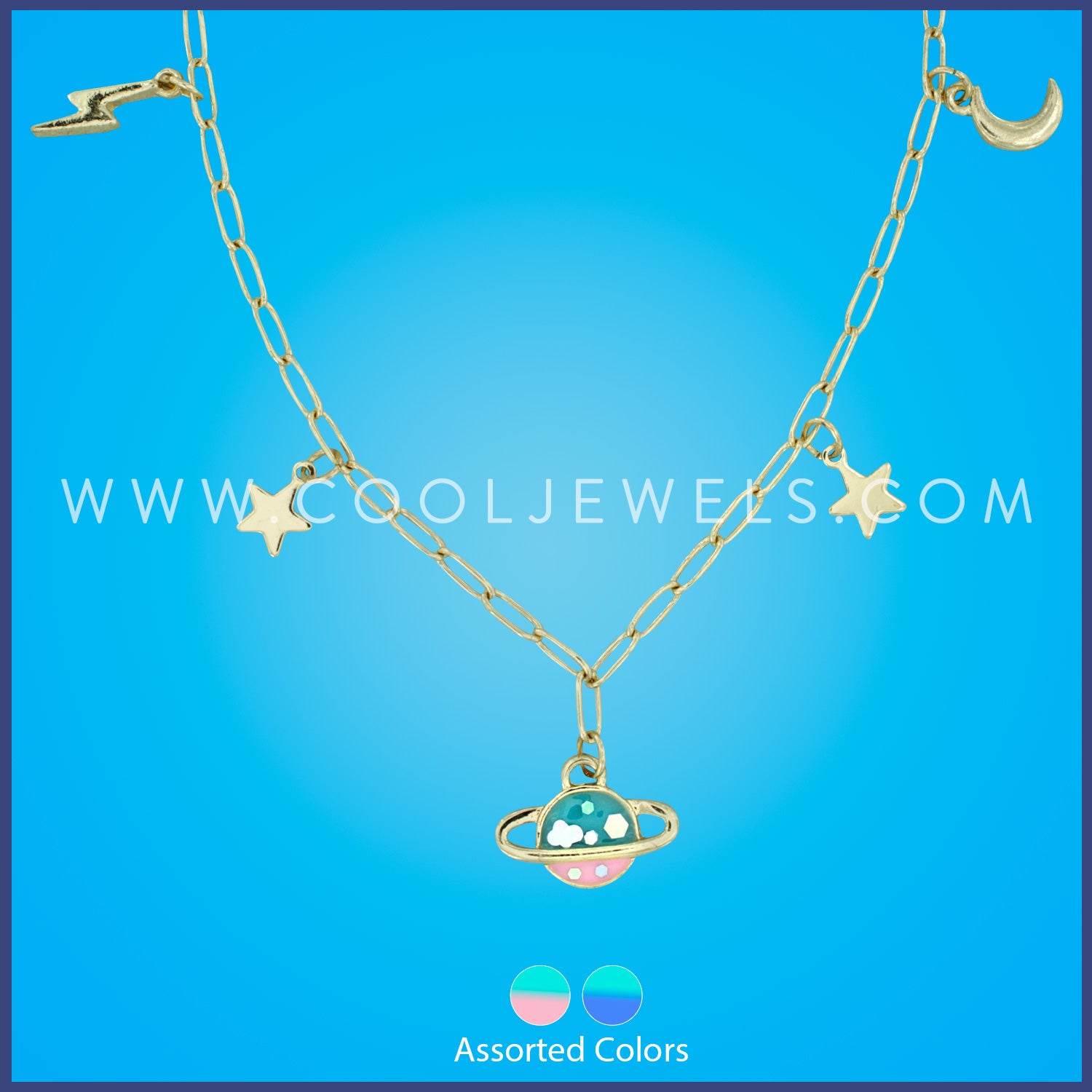 GOLD LINK CHAIN NECKLACE WITH COLORED SATURN PENDANT & GOLD STARS - ASSOTED