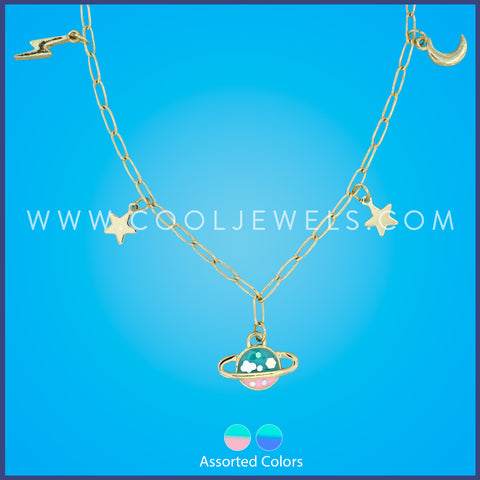 GOLD LINK CHAIN NECKLACE WITH COLORED SATURN PENDANT & GOLD STARS - ASSOTED