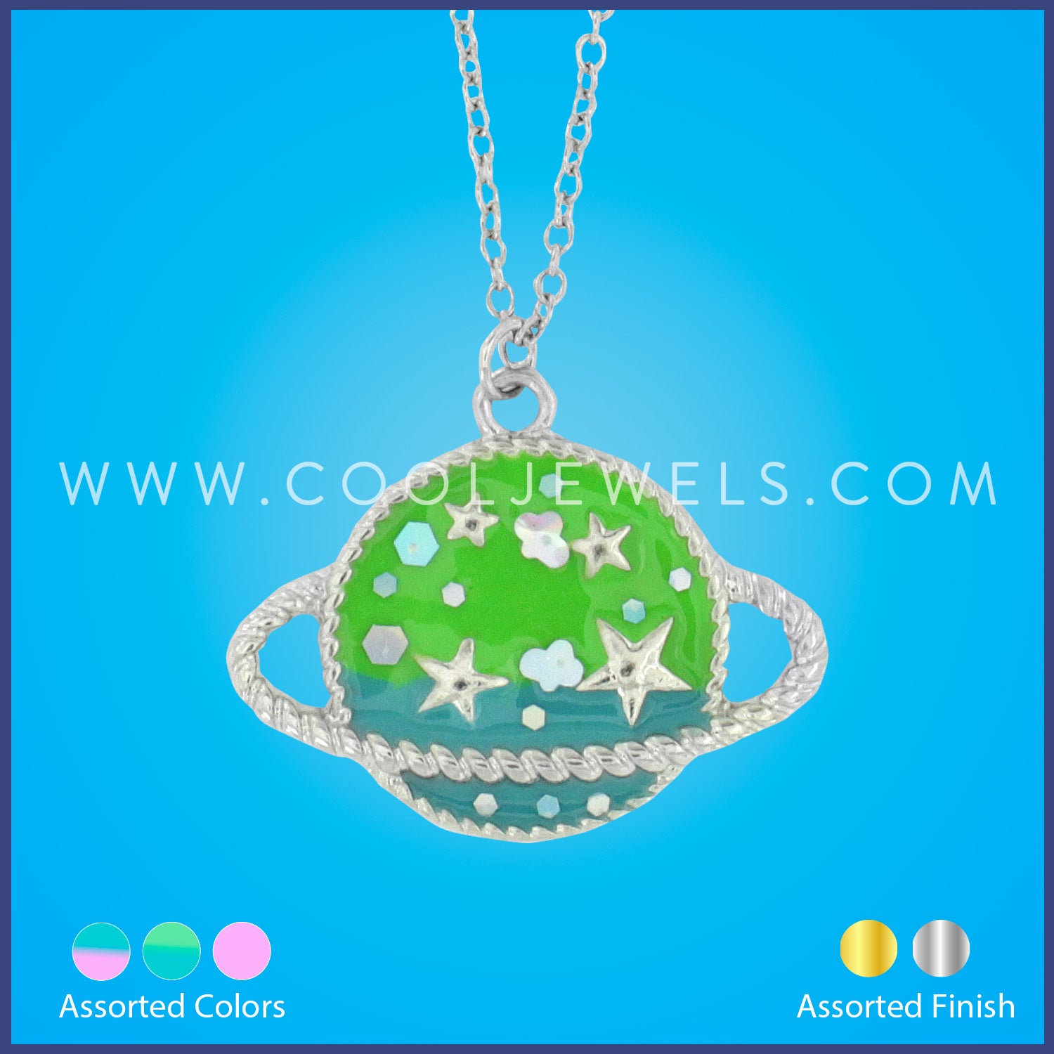 LINK CHAIN NECKLACE WITH COLORED SATURN PENDANT - ASSORTED
