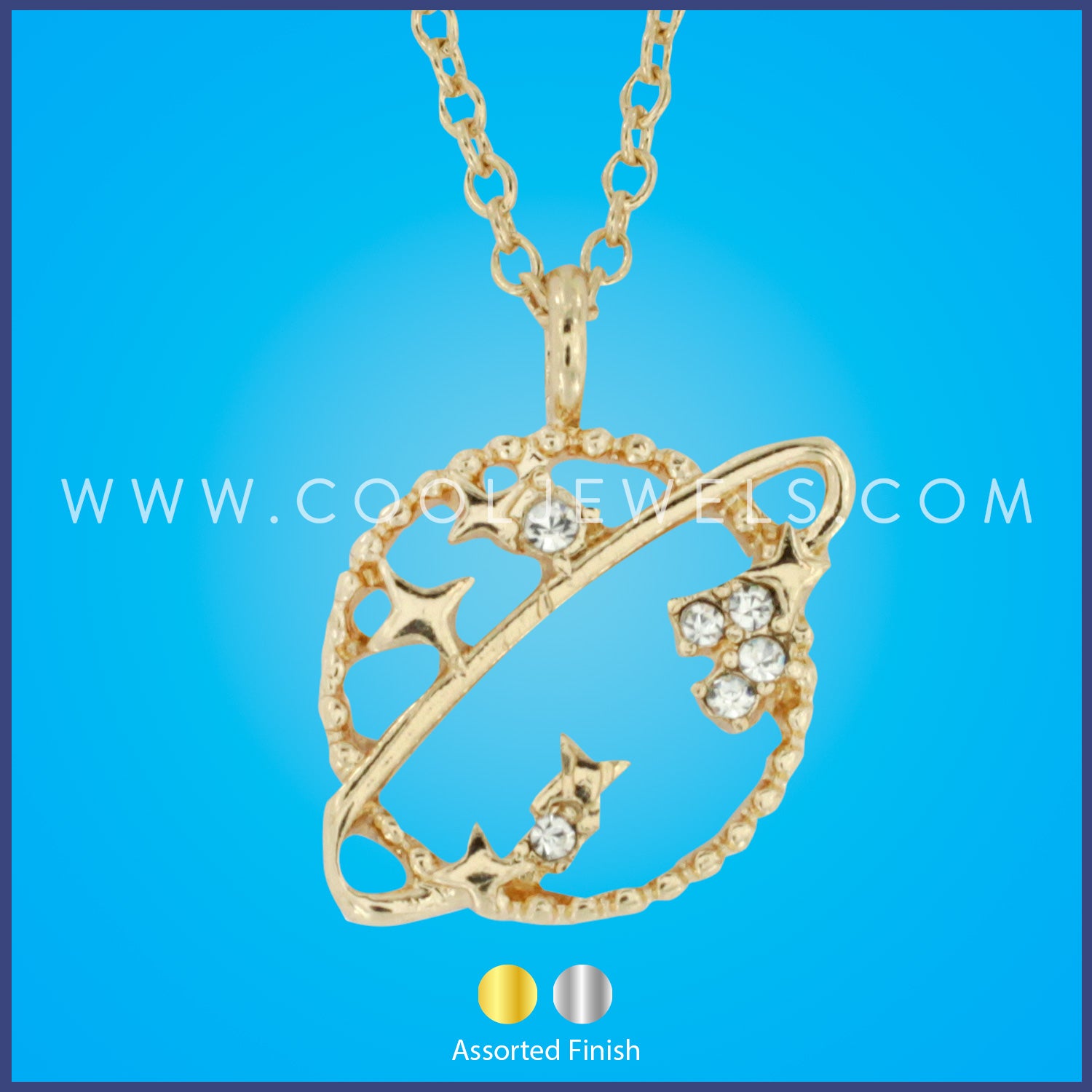 LINK CHAIN NECKLACE WITH ROUND RHINESTONE SATURN PENDANT - ASSORTED