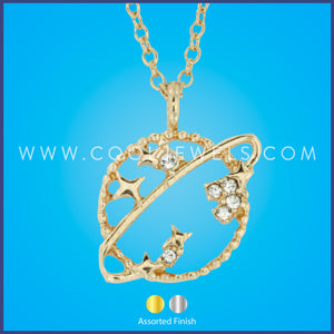 LINK CHAIN NECKLACE WITH ROUND RHINESTONE SATURN PENDANT - ASSORTED