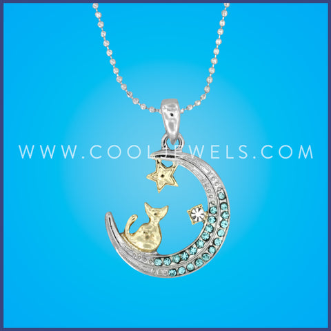 LINK CHAIN NECKLACE WITH RHINESTONE MOON PENDANT WITH CAT - ASSORTED