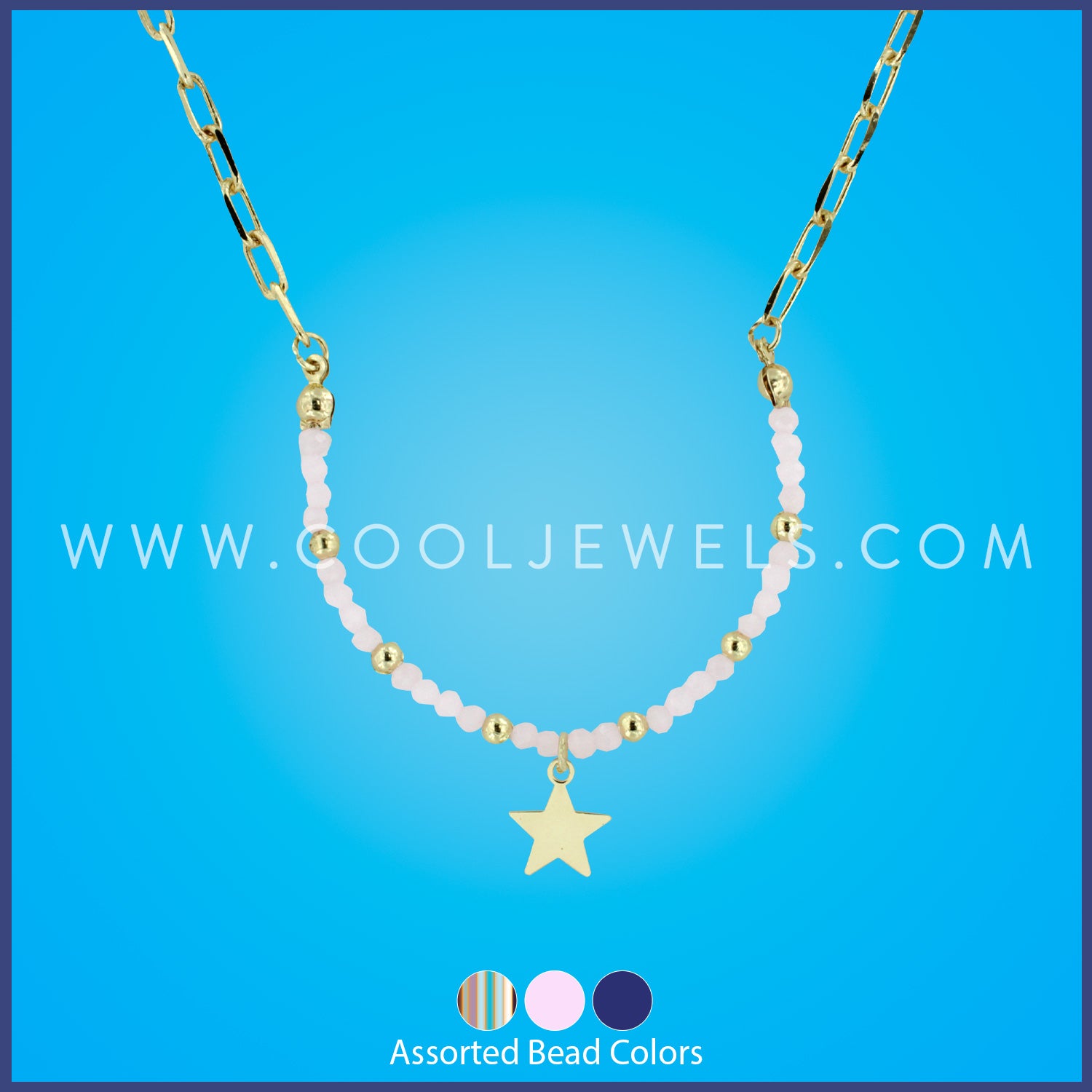 LINK CHAIN STONE BEADED NECKLACE WITH GOLD STAR PENDANT