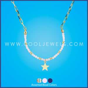 LINK CHAIN STONE BEADED NECKLACE WITH GOLD STAR PENDANT