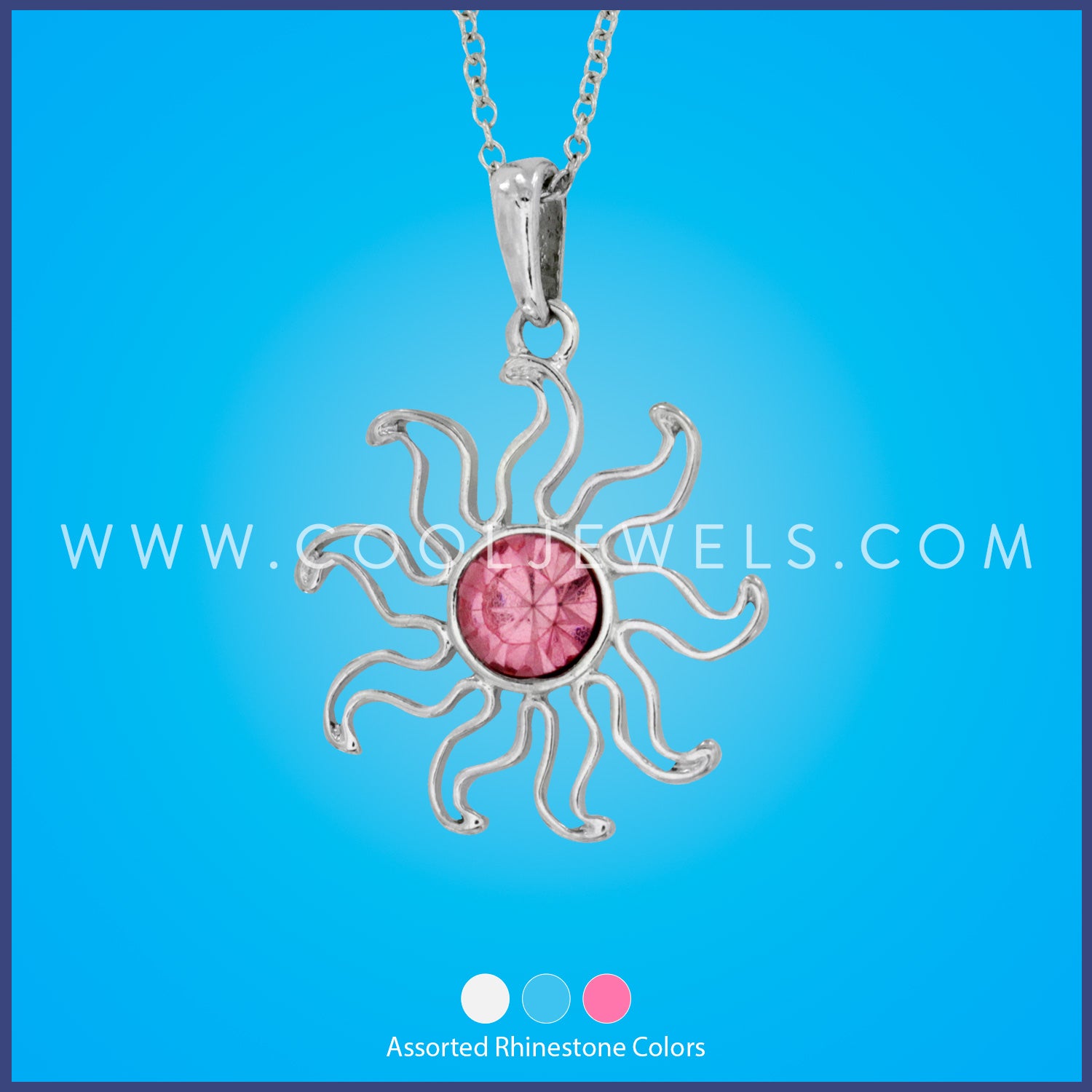 LINK CHAIN NECKLACE WITH RHINESTONE SUN PENDANT - ASSORTED
