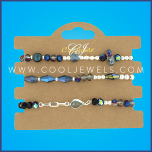 (SET OF 3) DOUBLE ELASTIC STRETCH BRACELET WITH ASSORTED BLUE BEADS