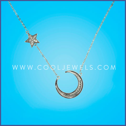 Necklace with Rhinestone Moon and Star Pendant.