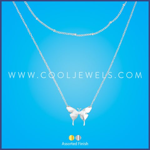 DOUBLE LAYERED CHAIN NECKLACE WITH BUTTERFLY PENDANT - ASSORTED