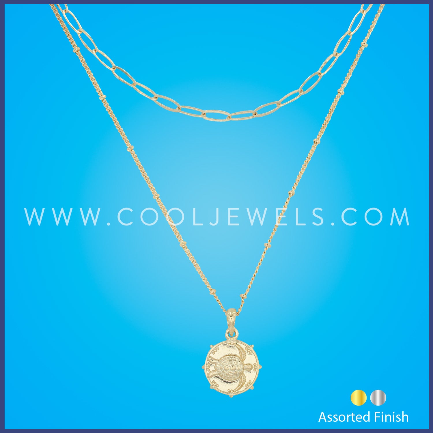 DOUBLE LAYERED CHAIN NECKLACE WITH TURTLE DISC PENDANT - ASSORTED