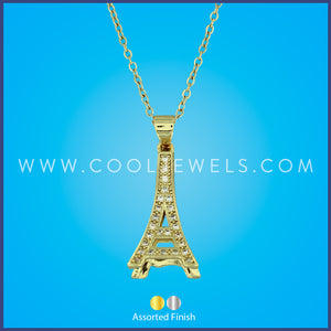 HUGGIE HOOP EARRINGS WITH RHINESTONE EIFFEL TOWER PENDANTS