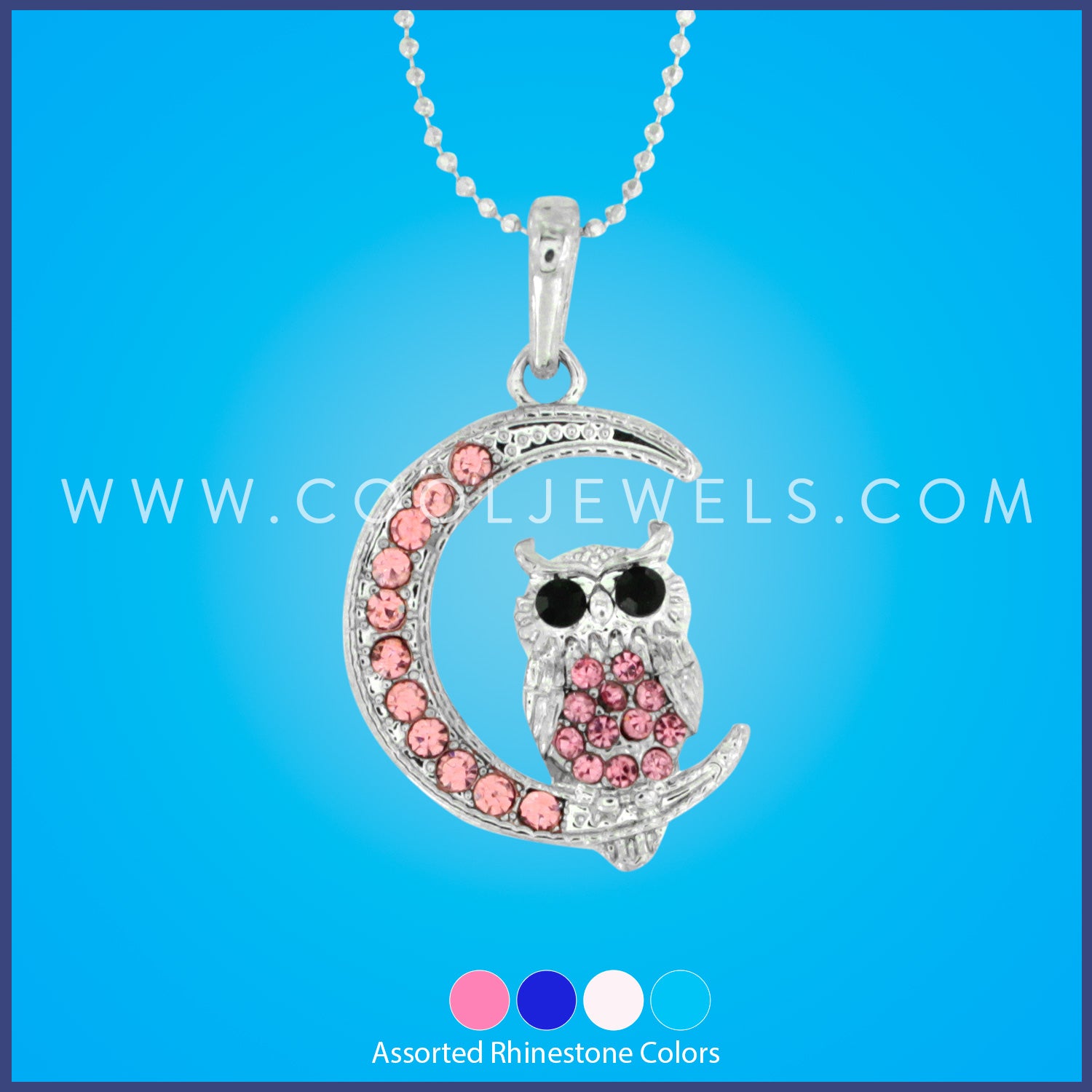 SILVER BALL CHAIN NECKLACE WITH RHINESTONE MOON & OWL - ASSORTED