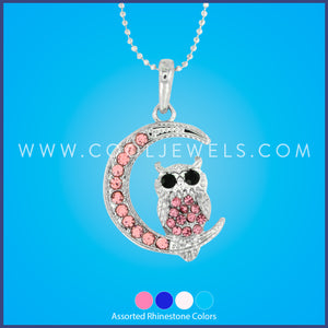 SILVER BALL CHAIN NECKLACE WITH RHINESTONE MOON & OWL - ASSORTED
