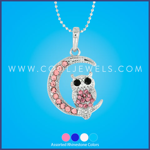 SILVER BALL CHAIN NECKLACE WITH RHINESTONE MOON & OWL - ASSORTED