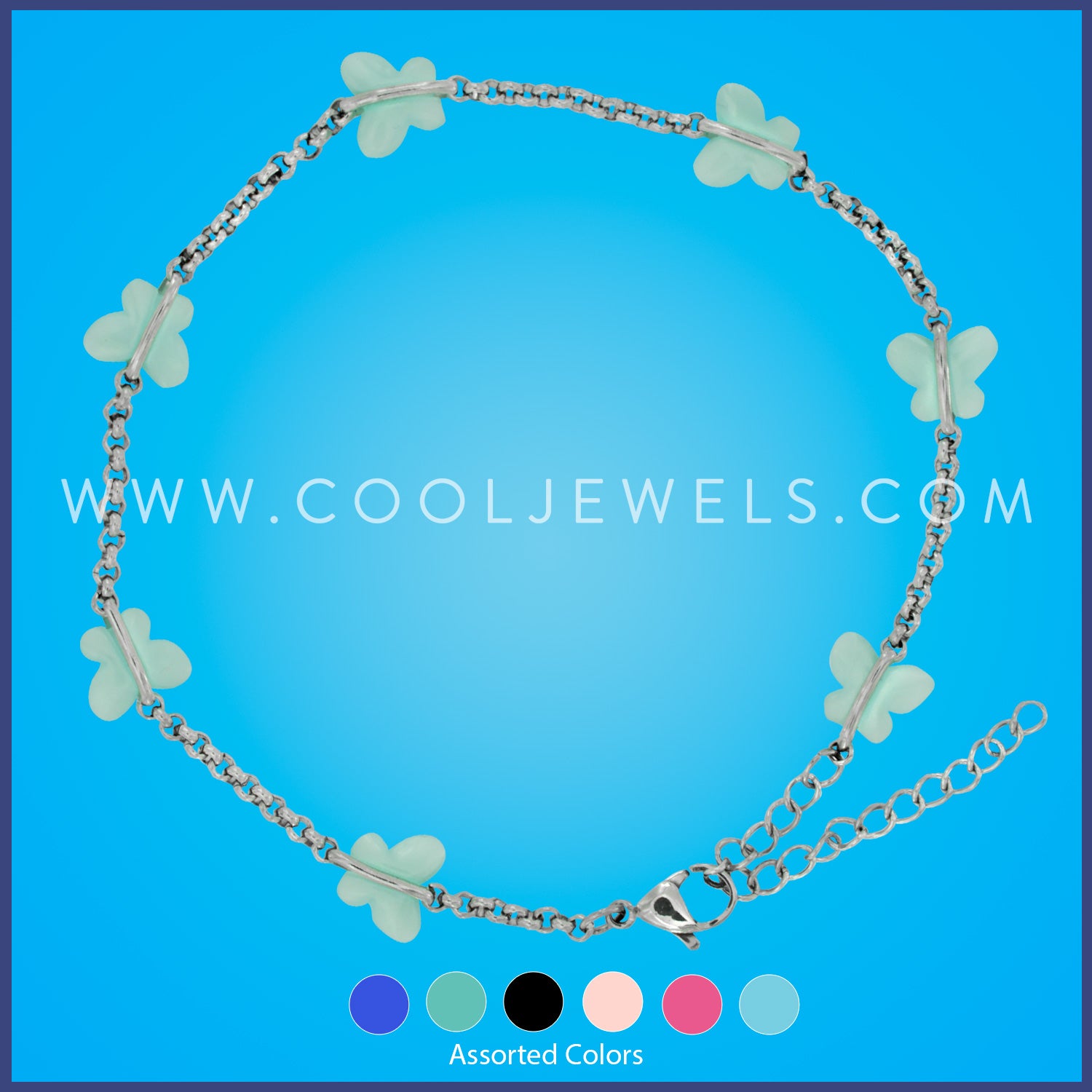 STAINLESS STEEL CHAIN ANKLET WITH BUTTERFLIES - ASSORTED