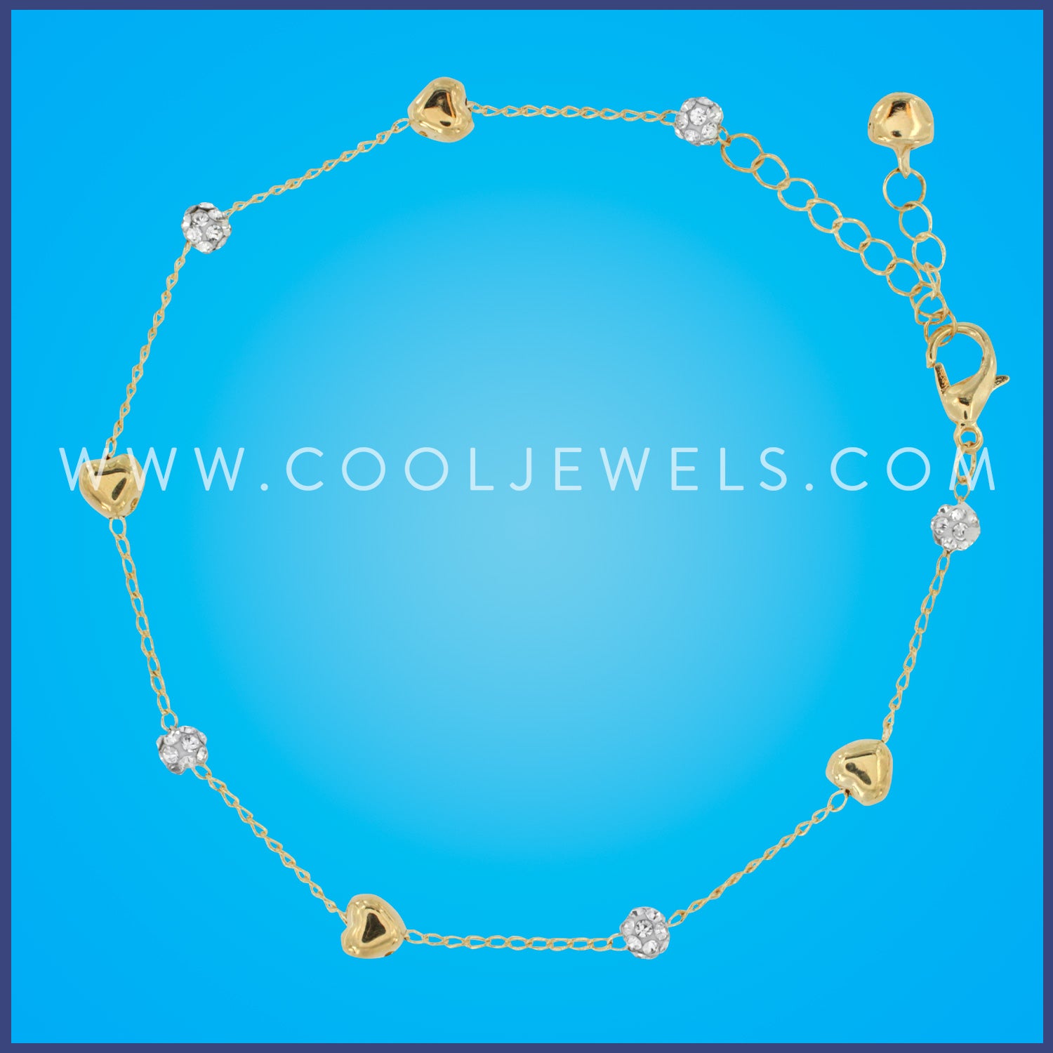 GOLD CHAIN ANKLET WITH RHINESTONE & GOLD HEART BEADS - ASSORTED