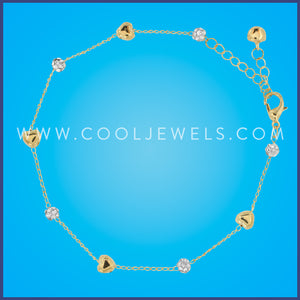 GOLD CHAIN ANKLET WITH RHINESTONE & GOLD HEART BEADS - ASSORTED
