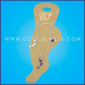 SILVER LINK CHAIN ANKLET WITH DOLPHIN PENDANTS & RHINESTONE BEAD