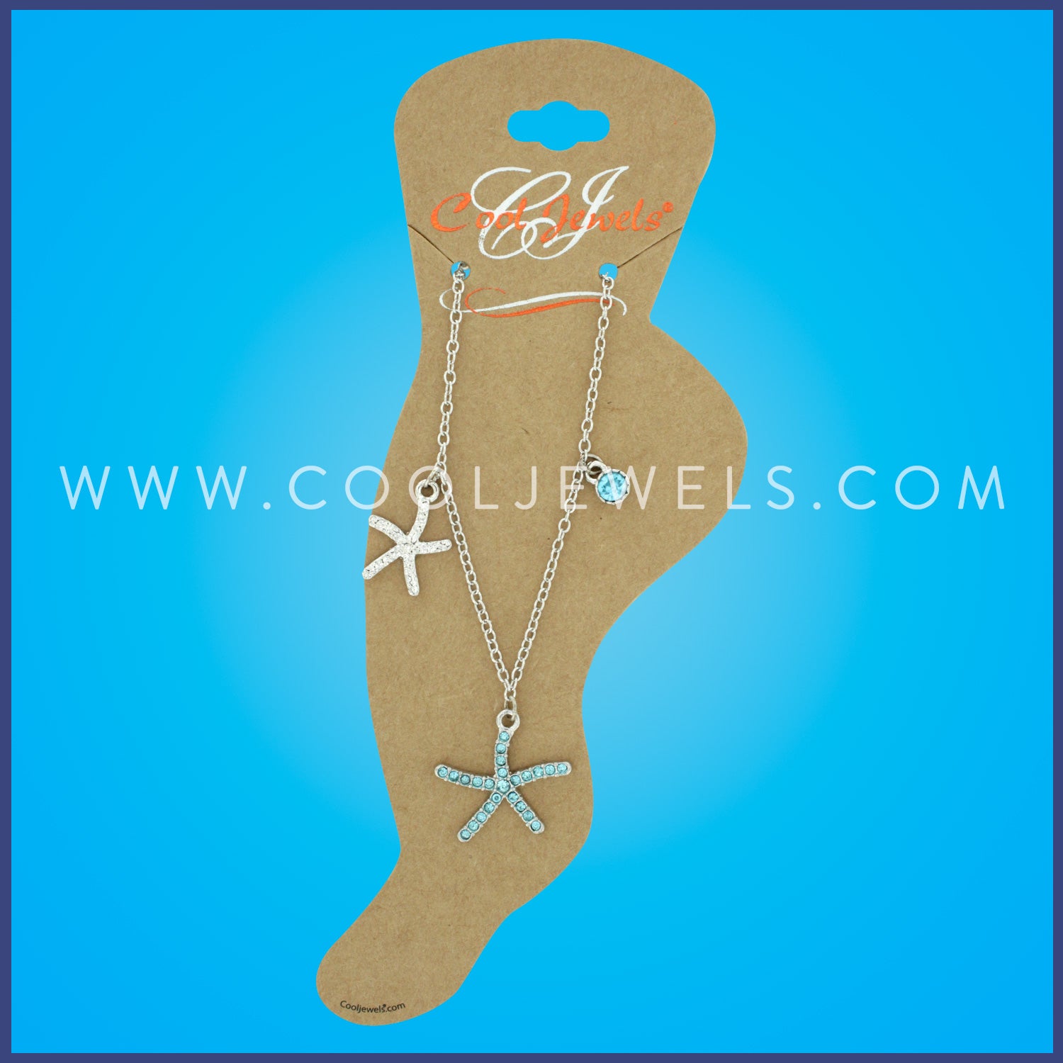 SILVER LINK CHAIN ANKLET WITH STARFISH PENDANTS & RHINESTONE BEAD