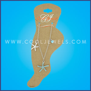 SILVER LINK CHAIN ANKLET WITH STARFISH PENDANTS & RHINESTONE BEAD