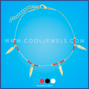GOLD ANKLET WITH COLORED SEED BEADS & GOLD FEATHERS - ASSORTED