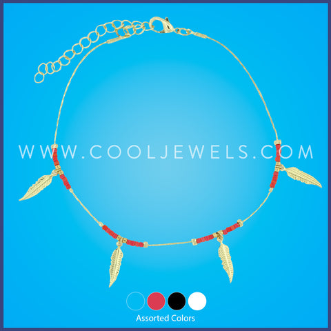 GOLD ANKLET WITH COLORED SEED BEADS & GOLD FEATHERS - ASSORTED