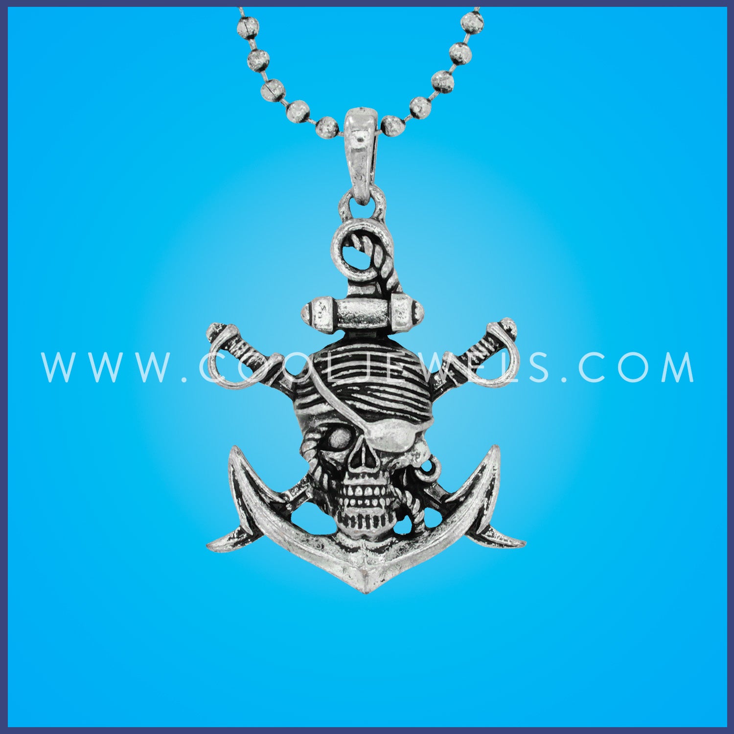 BALL CHAIN NECKLACE WITH PIRATE SKULL &amp; ANCHOR PENDANT