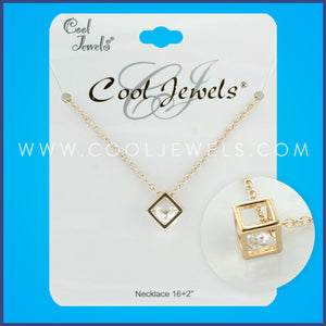 GOLD LINK CHAIN NECKLACE WITH HOLLOW CUBE PENDANT WITH RHINESTONE