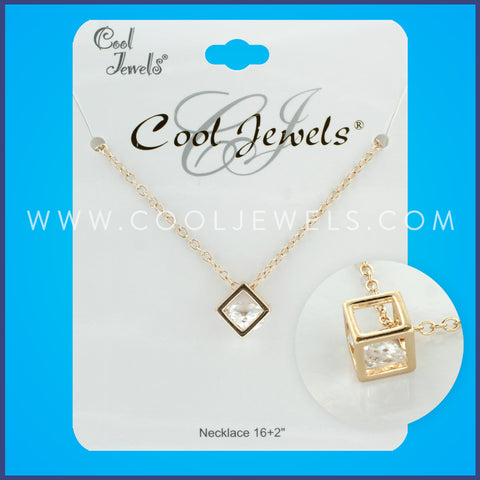 GOLD LINK CHAIN NECKLACE WITH HOLLOW CUBE PENDANT WITH RHINESTONE