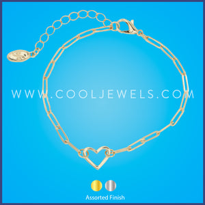 PAPER CLIP CHAIN BRACELET WITH HEART PENDANT -  ASSORTED