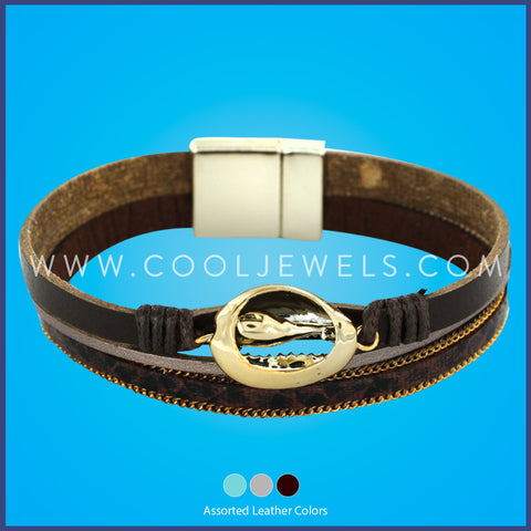 LEATHER BRACELET WITH GOLD COWRIE SHELL -ASSORTED COLORS