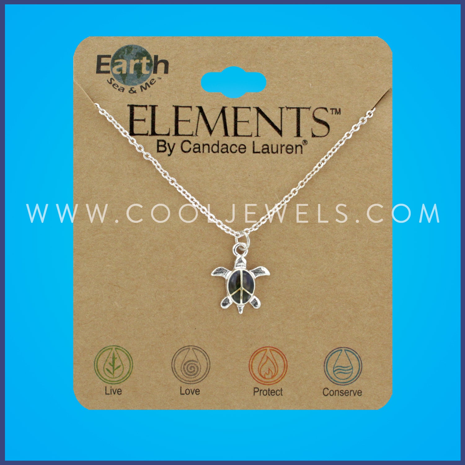 SILVER NECKLACE WITH TURTLE & PEACE SIGN - CARDED