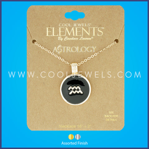 LINK CHAIN NECKLACE WITH ROUND ENAMEL AQUARIUS ZODIAC PENDANT - CARDED