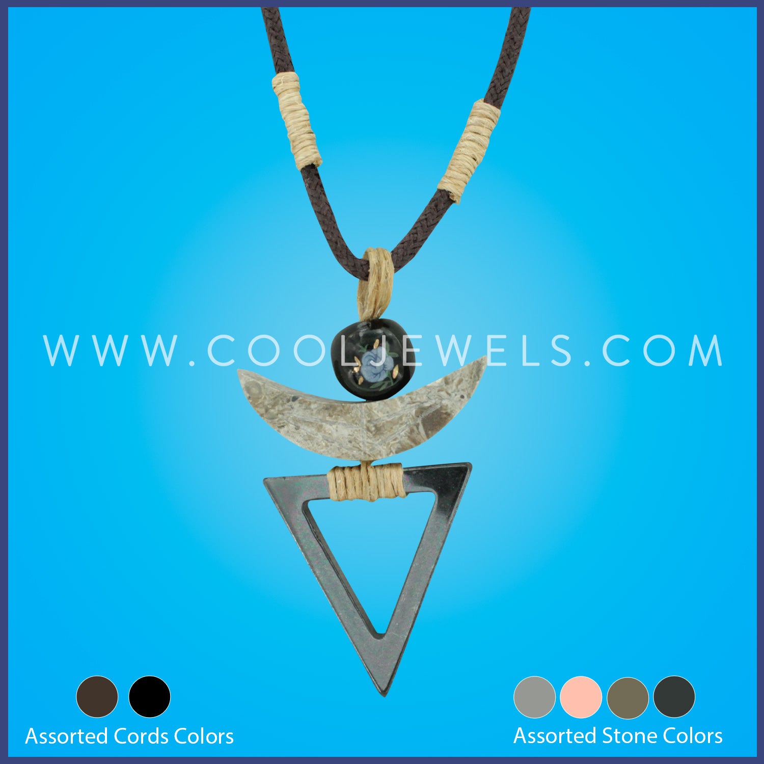 CORD NECKLACE WITH HEMATITE TRIANGLE & STONE CARDED - ASSORTED