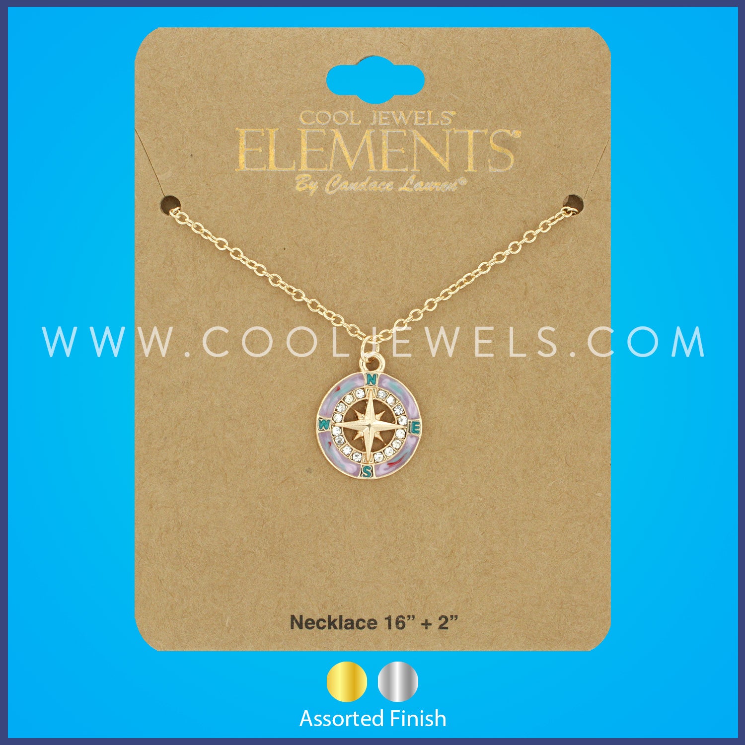 LINK CHAIN NECKLACE WITH IRIDESCENT RHINESTONE COMPASS PENDANT ASSORTED - CARDED