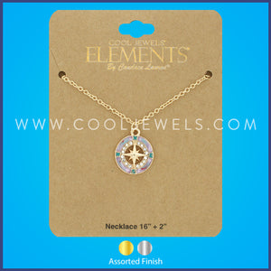 LINK CHAIN NECKLACE WITH IRIDESCENT RHINESTONE COMPASS PENDANT ASSORTED - CARDED