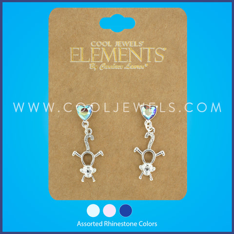 POST EARRING WITH COLORED RHINESTONE HEART & MONKEY PENDANTS ASSORTED - CARDED