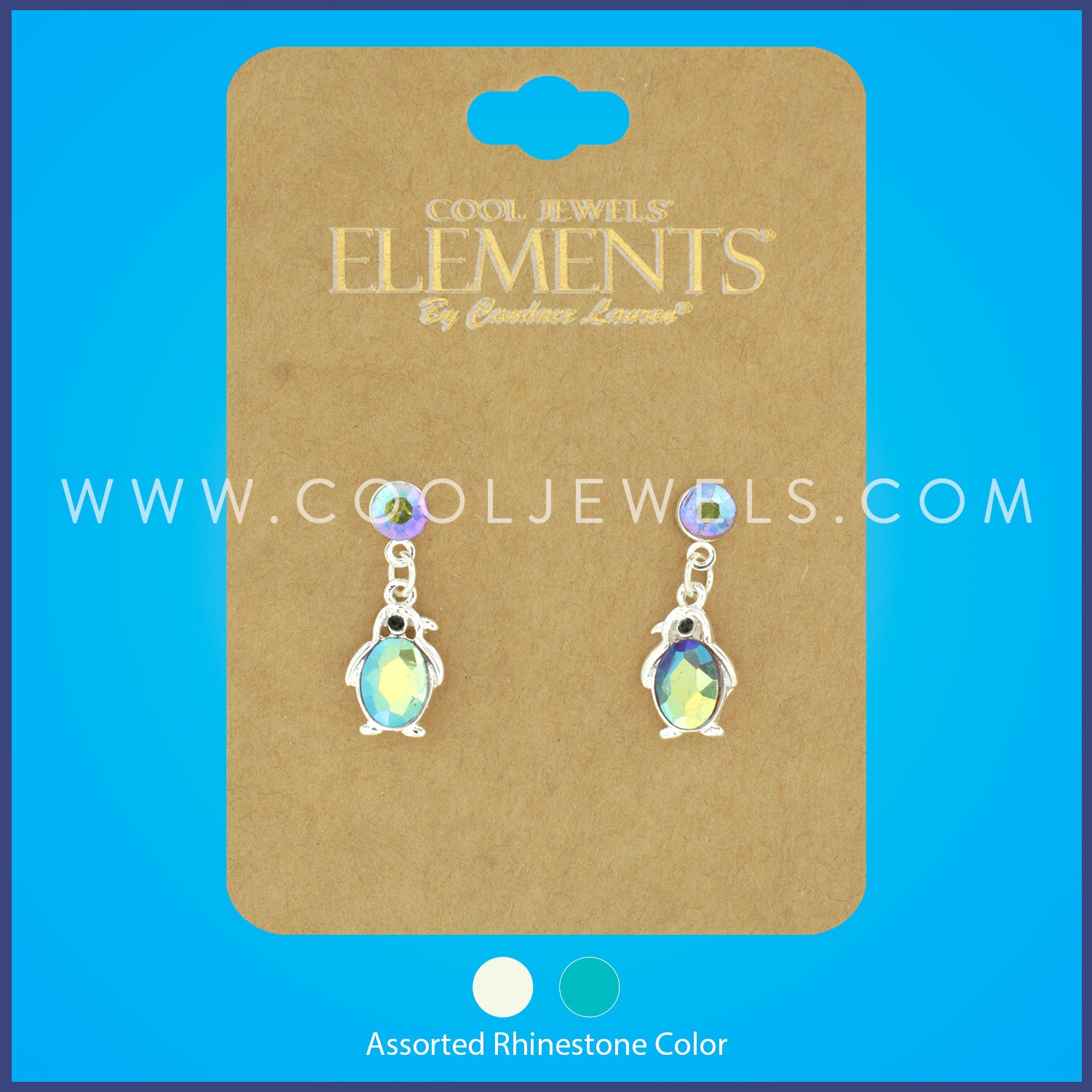 POST EARRING WITH COLORED RHINESTONE PENGUIN PENDANTS ASSORTED - CARDED