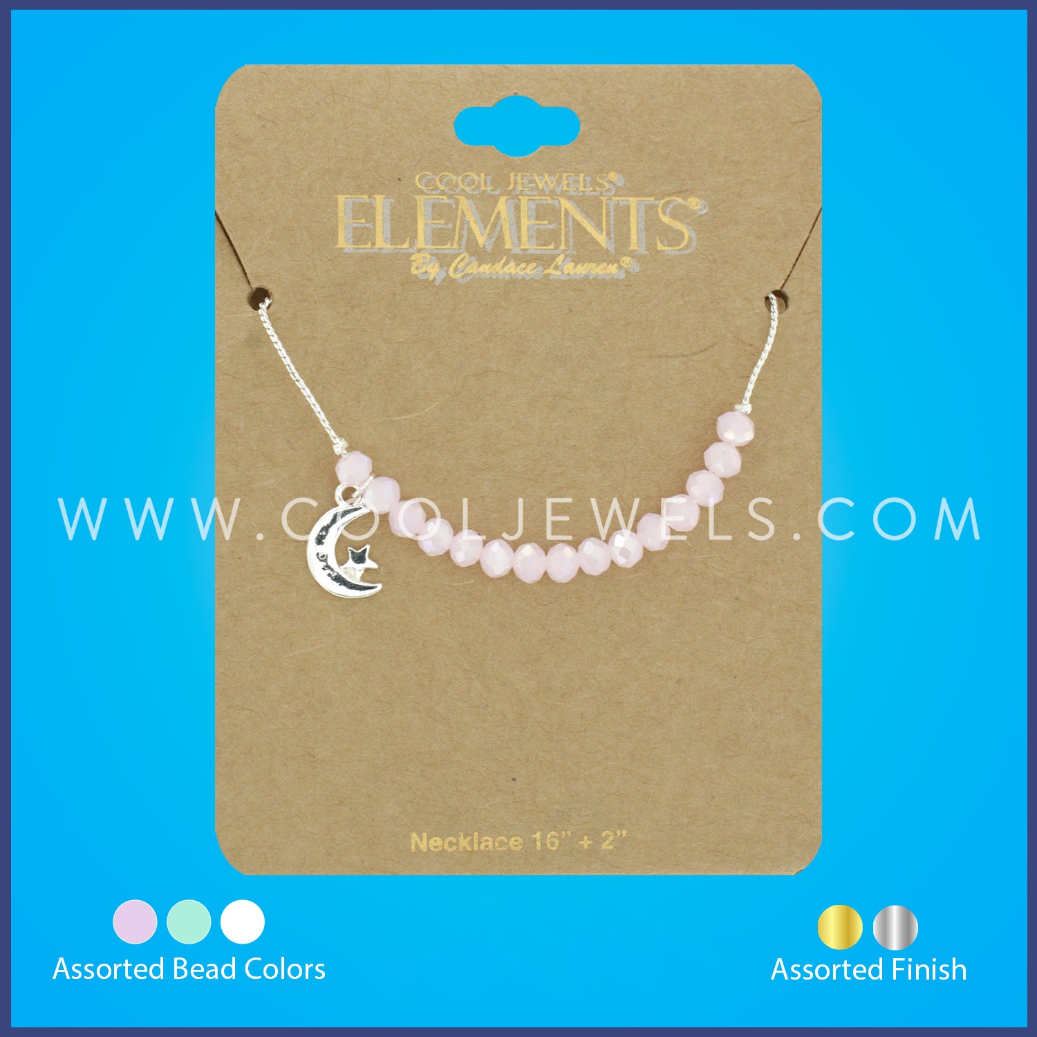 NECKLACE WITH CRYSTAL BEADS, MOON &amp; STAR PENDANT CARDED - ASSORTED