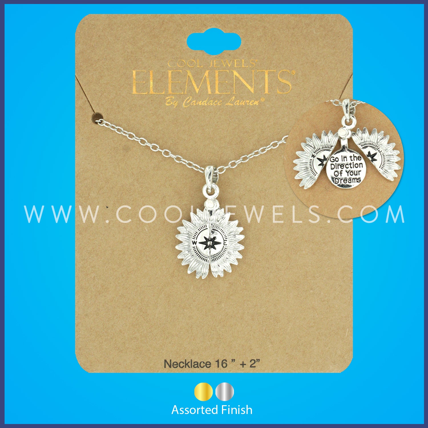 LINK CHAIN NECKLACE WITH FLOWER COMPASS PENDANT ASSORTED - CARDED