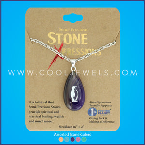 SILVER ROPE CHAIN NECKLACE WITH AGATE STONE & PENGUIN PENDANT CARDED - ASSORTED 
