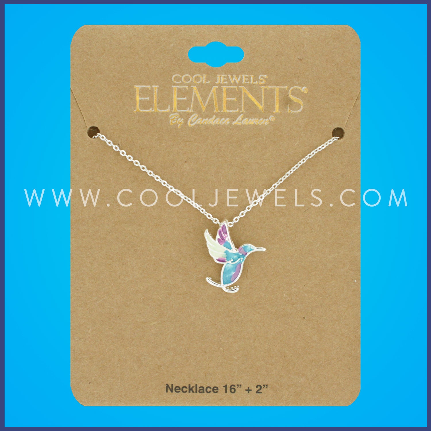 SILVER CHAIN NECKALCE WITH BLUE HUMMINGBIRD PENDANT - CARDED