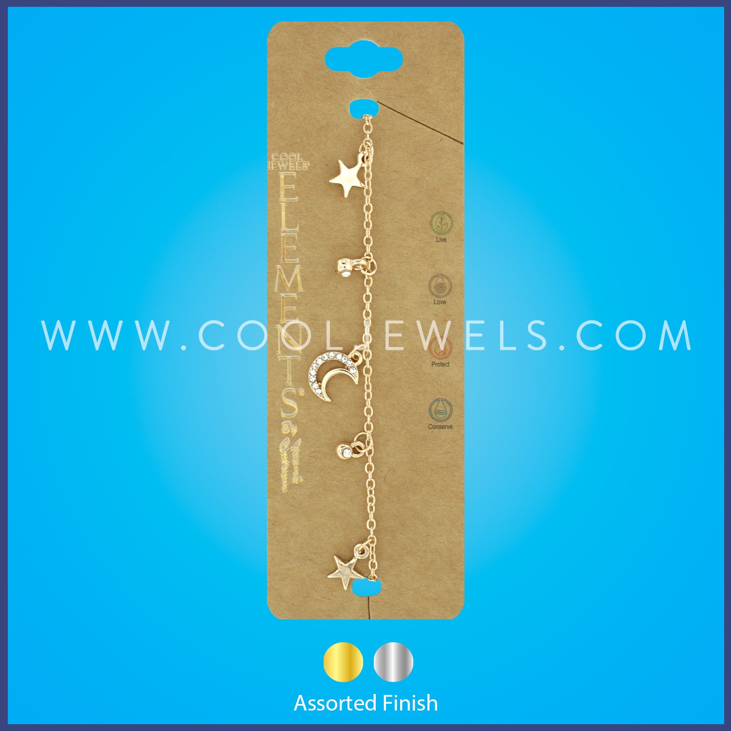GOLD LINK CHAIN BRACELET WITH RHINESTONE MOON & STAR PENDANTS