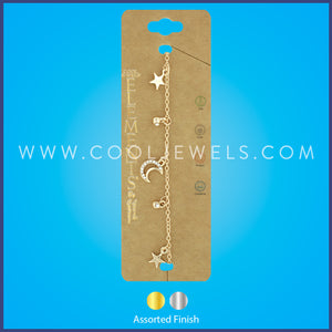 GOLD LINK CHAIN BRACELET WITH RHINESTONE MOON & STAR PENDANTS