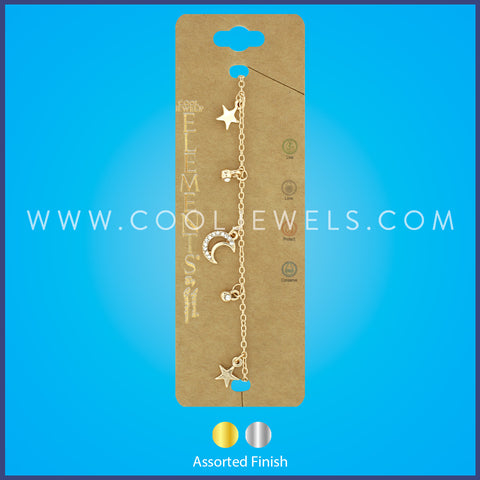 GOLD LINK CHAIN BRACELET WITH RHINESTONE MOON & STAR PENDANTS