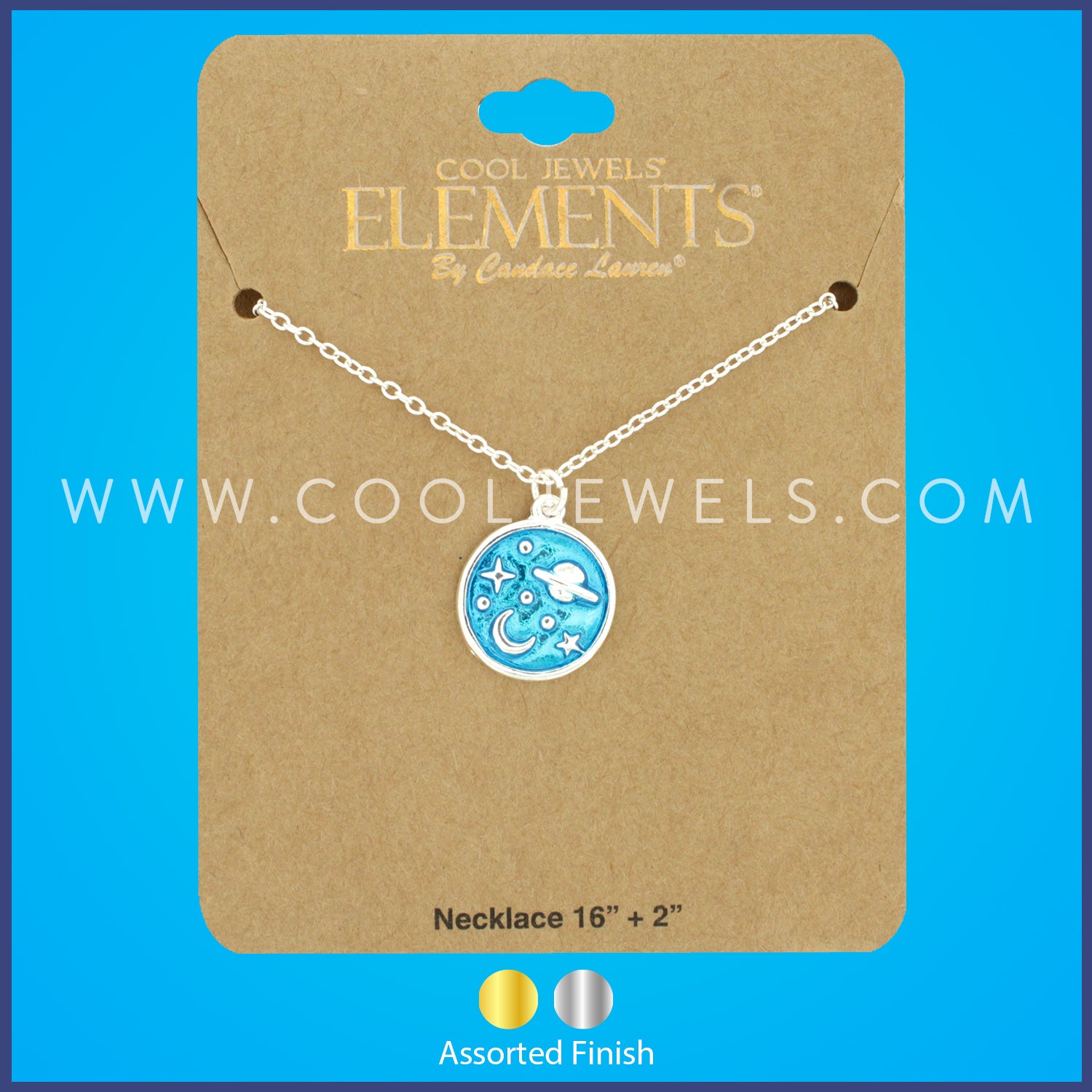 LINK CHAIN NECKLACE WITH ROUND BLUE IRIDESCENT SPACE PENDANT ASSORTED - CARDED